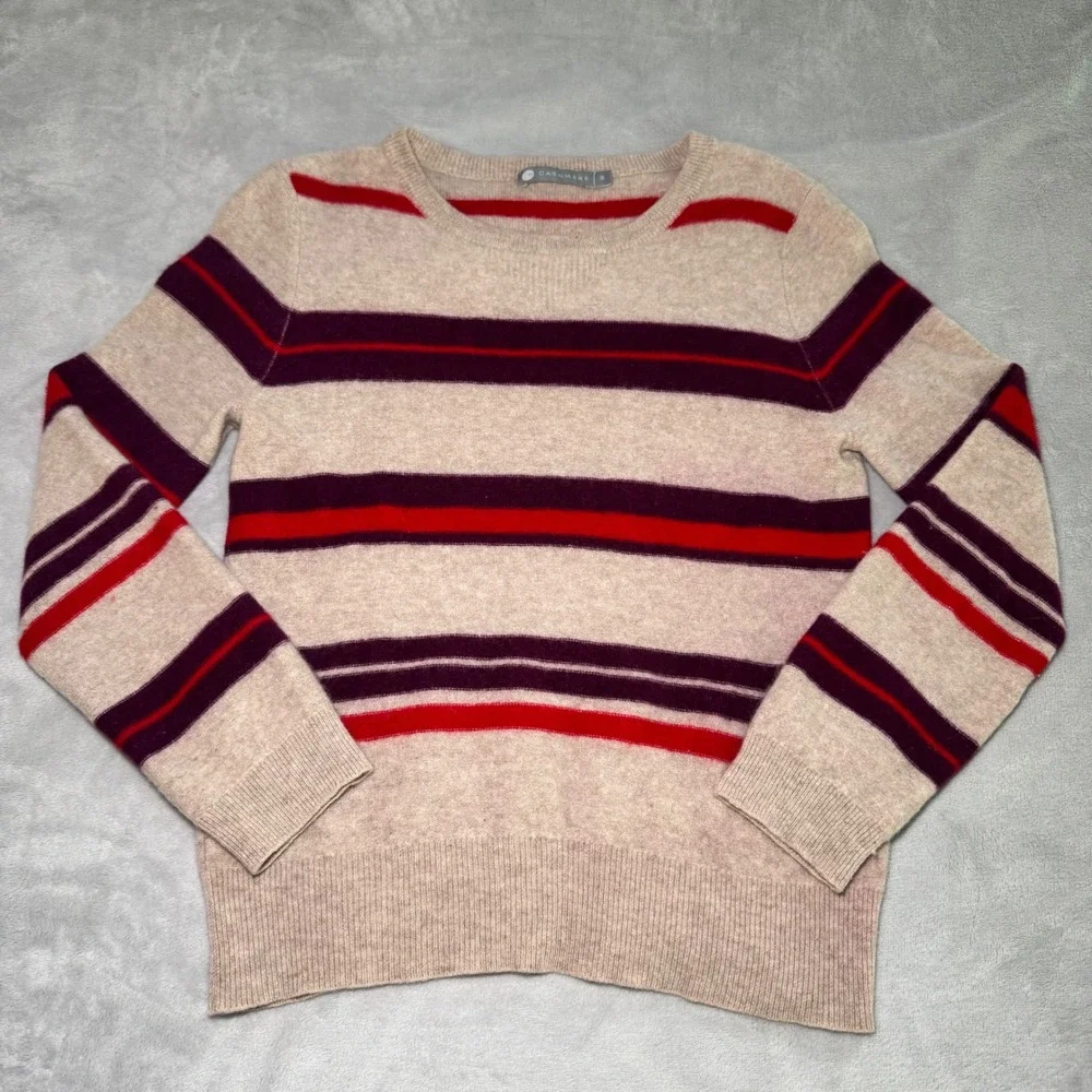 In Cashmere Women's Beige Red Striped 100% Cashmere Crew Neck Sweater Small EUC